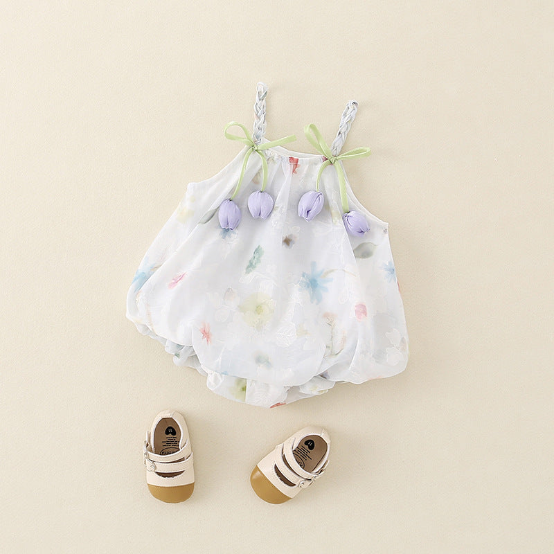Korean Style Summer Tulip Chiffon Suspender Dress Infant Triangle Rompers Jumpsuit, Climbing Suit