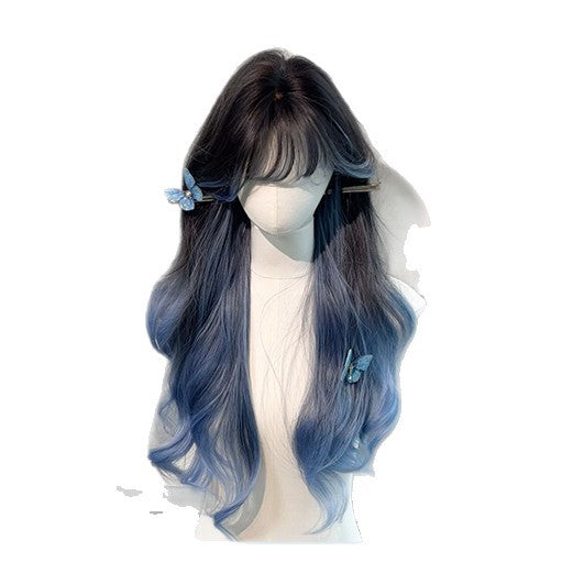 Deep Sea Blue Air Bangs Gradient Big Wave Curly Hair Wig Long Curls