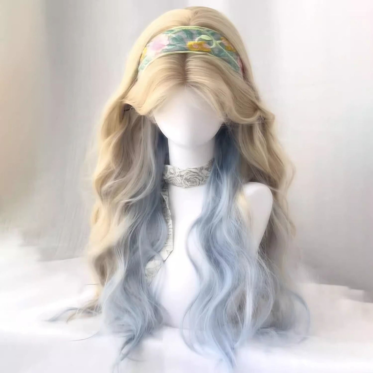 Women's Sea Salt Platinum Color Gradient Blue Realistic Natural Style Big Wig Long Curls