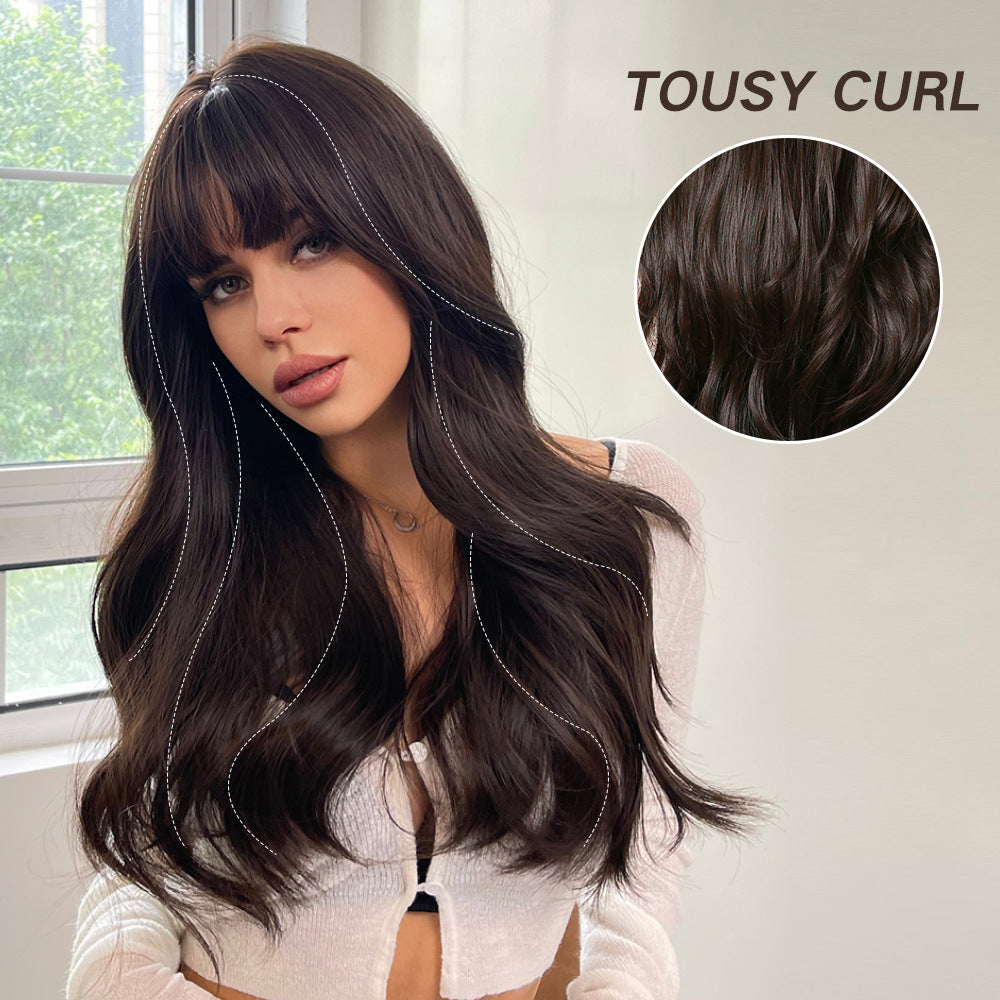 Women's Brown Wigs With Bangs Wave Synthetic Long Straight Wig
