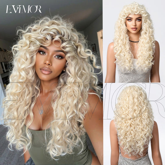 Women's White Gold Color Air Bangs Small Wig Long Curls