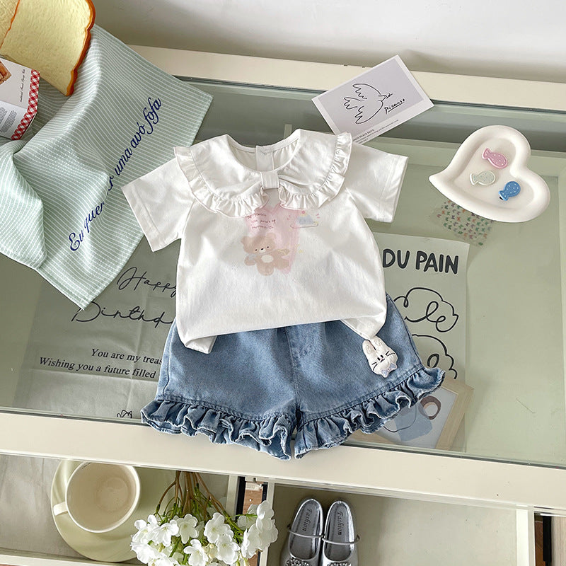 Summer Polo Collar Top Short-sleeved Lace Children's Suit
