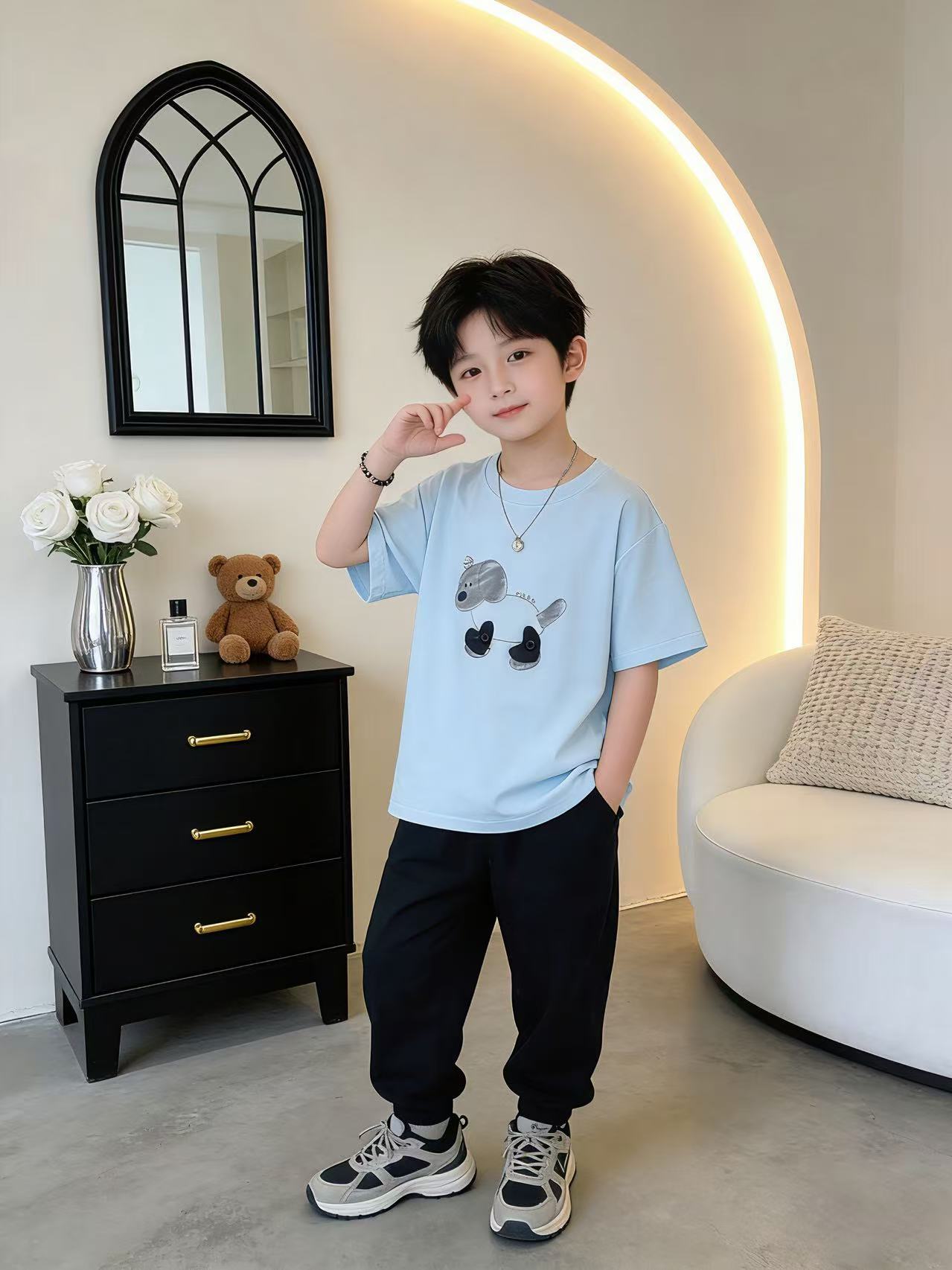 Boys Summer Short Sleeve Middle Big Cartoon Round Neck Half Children's T-shirt