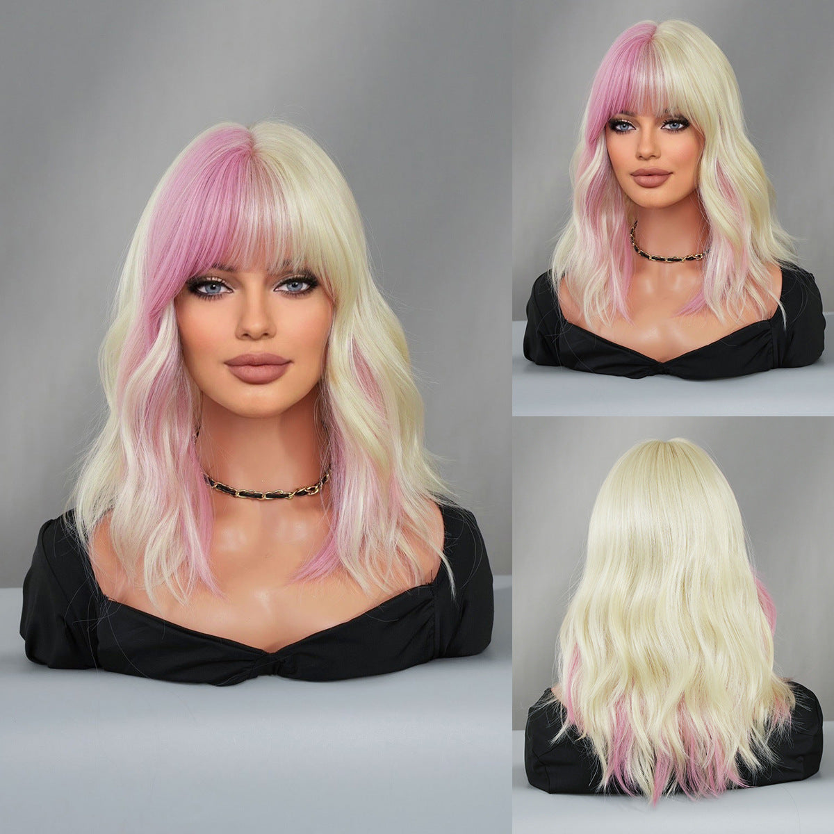 Sier Gray Pink Gradient Mid-length Roll Sheath Full Head Other Wig