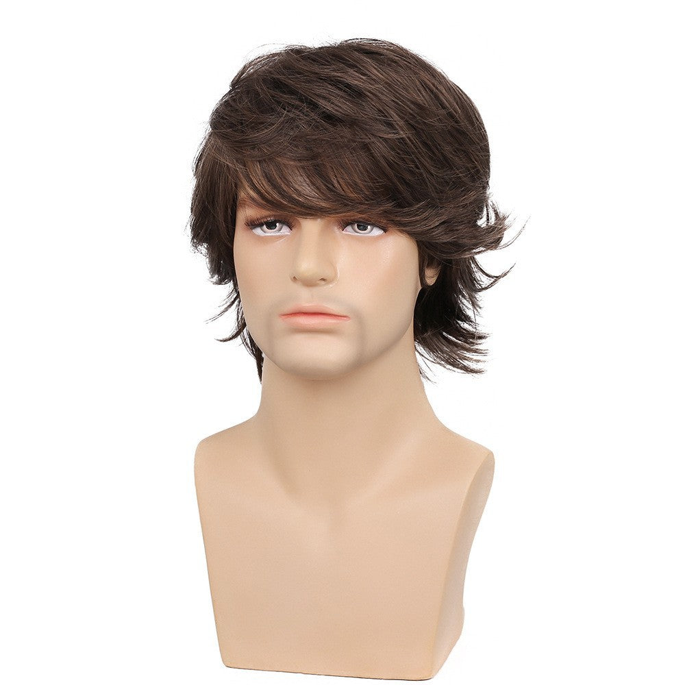 Men's Short Hair Outside Curly Brown Partial Men's Wig