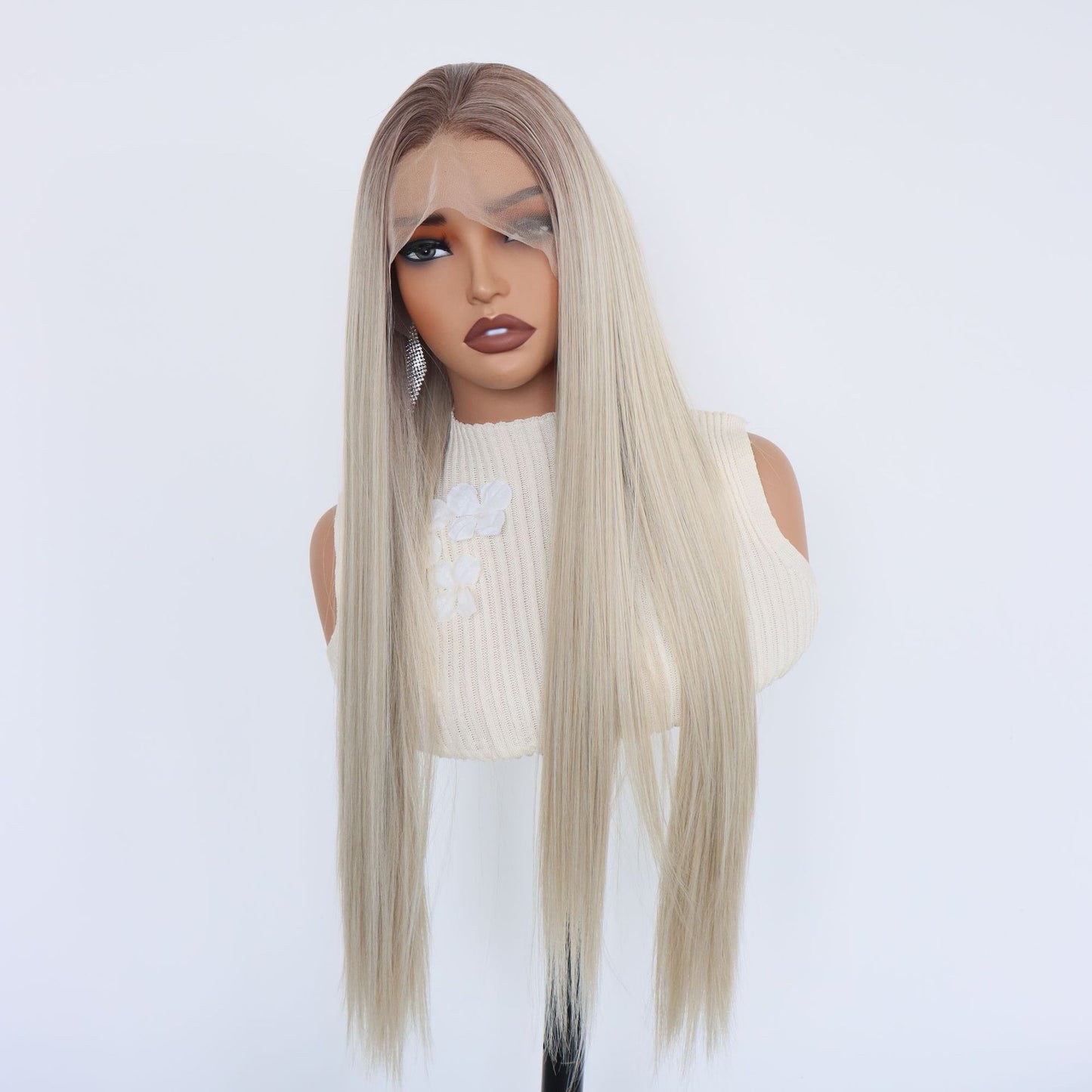 Lace Hand Crochet Gray Gold Gradient Color Hair Natural Fluffy Long Straight Wig