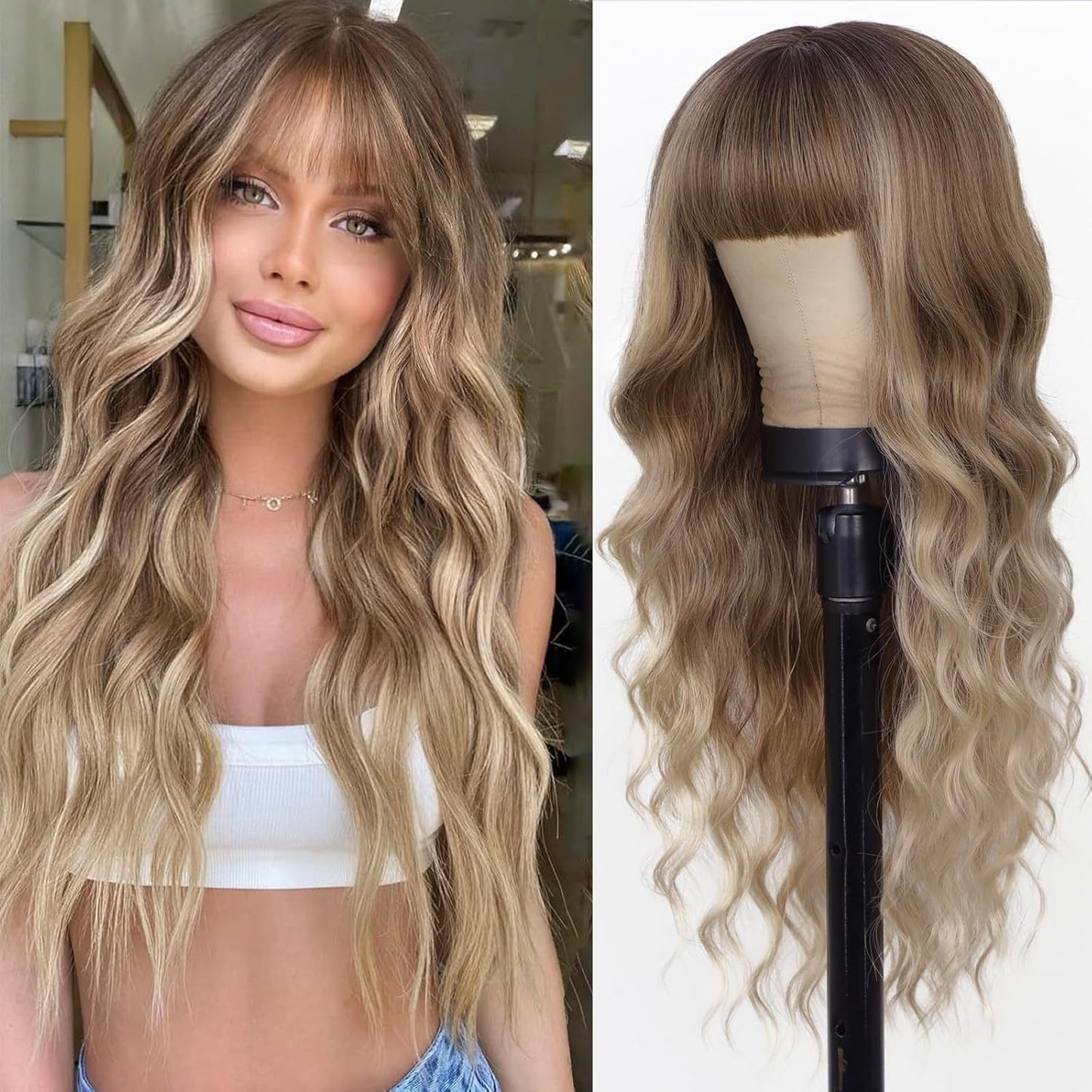 Black Gradient White Straight Bangs Big Wave Curly Hair Wig Long Curls