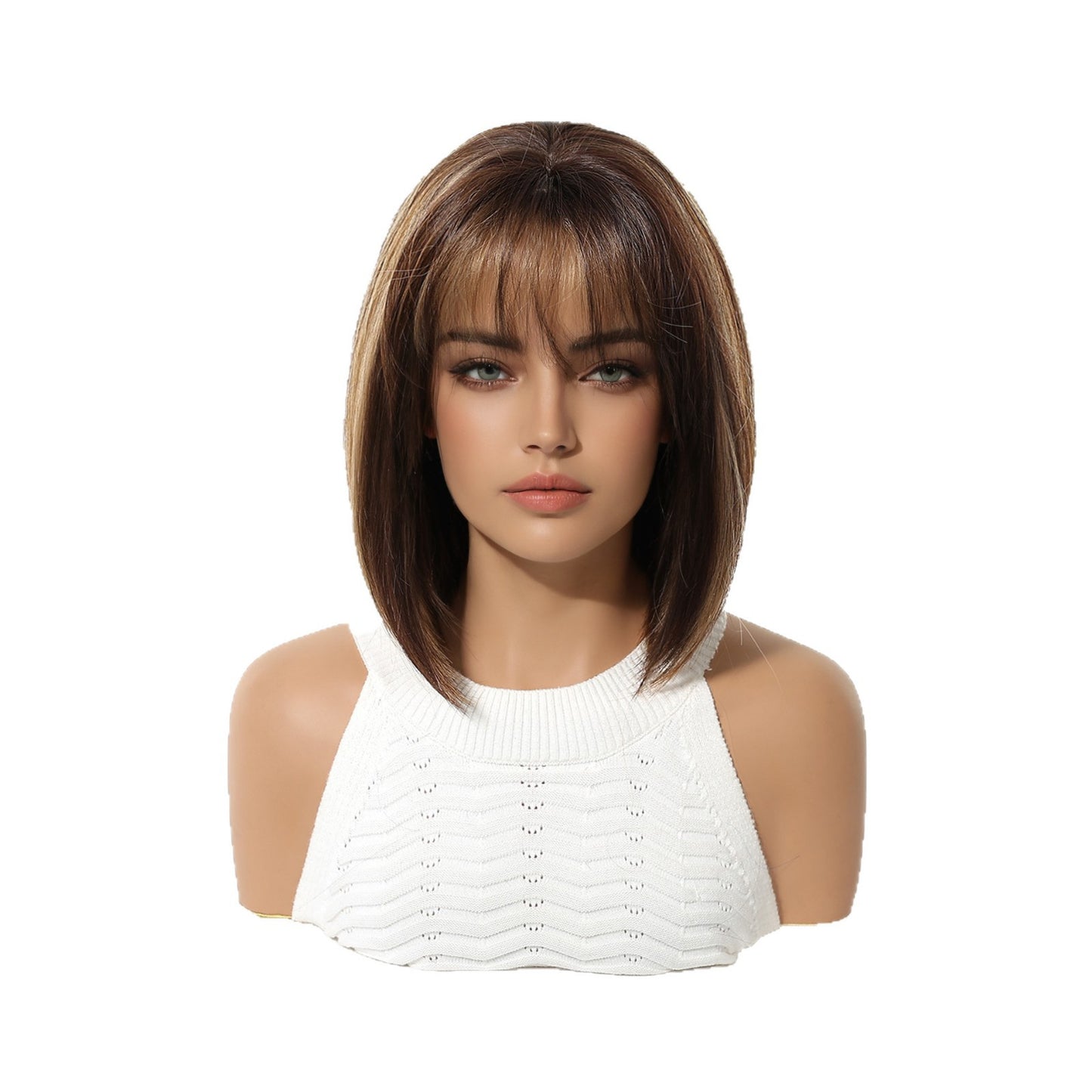 Gradient Brown Highlight Air Bangs Natural Wig Short Straight Hair
