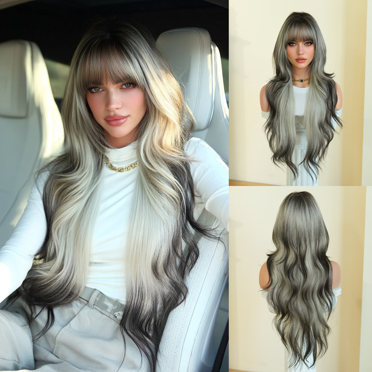 Gradient Color Wave Super Curly Hair Straight Bangs Fluffy Chemical Wig Long Curls