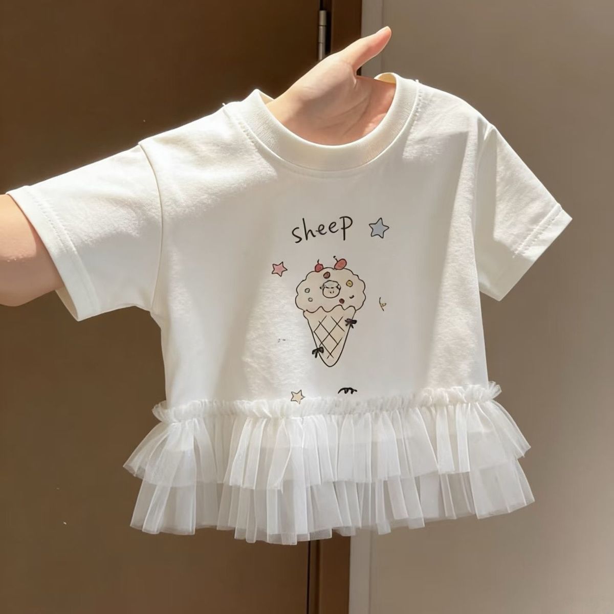 Children's Summer Cute Ice Cream Pattern Lace Edge Children's T-shirt