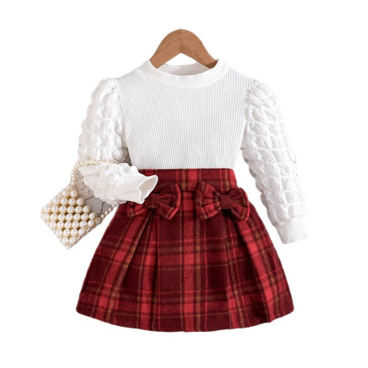 Puff Sleeve Top Plaid Skirt Fashion Children's Suit