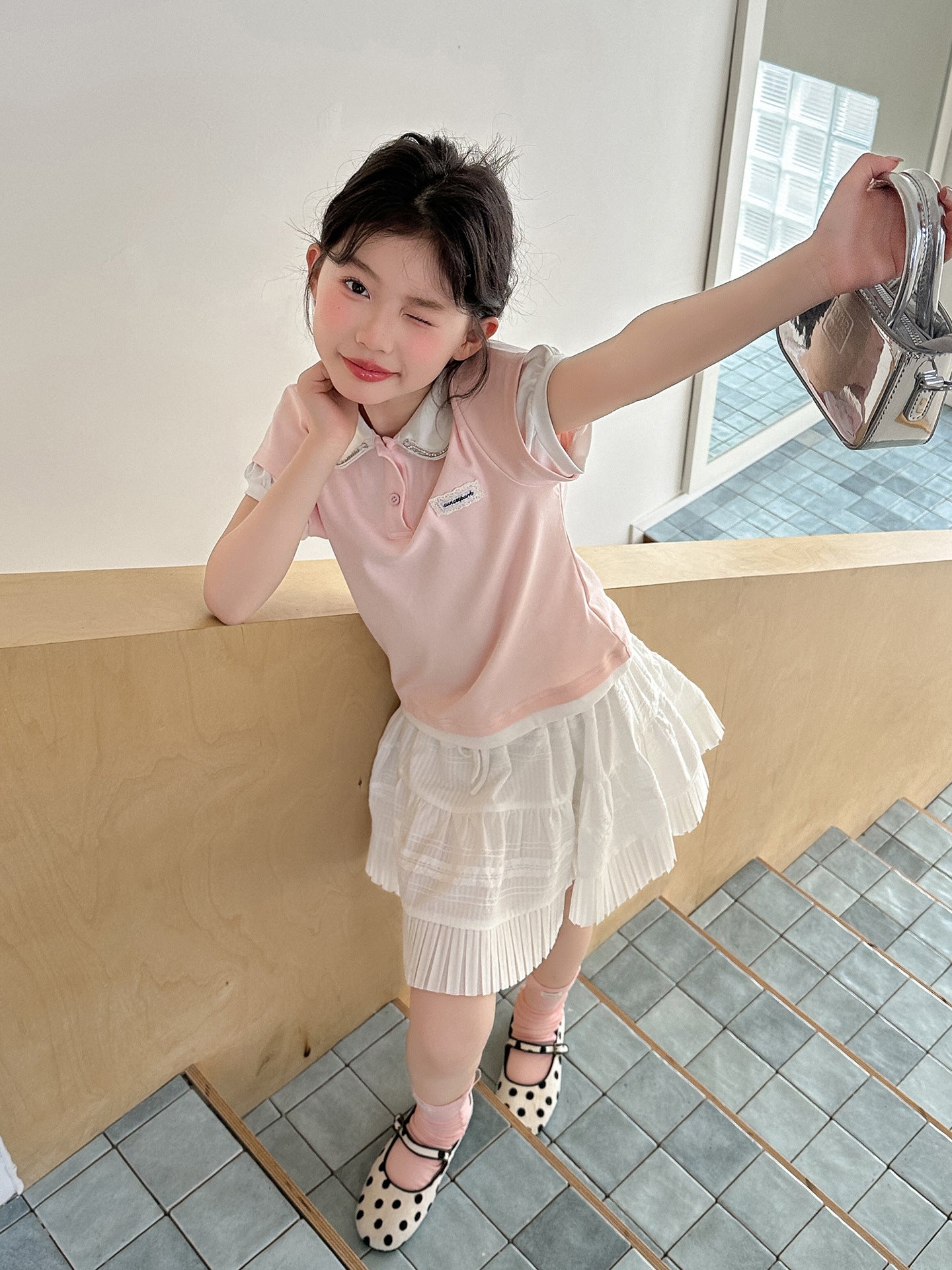 Sweet Set Summer Middle Big Fake Two-piece Shirt Skirt Children's Suit