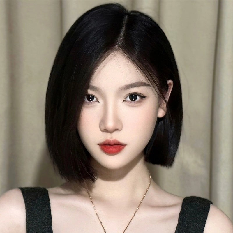 Temperament Mid-length Bangs Cut Head Natural Simulation Full Wig Short Straight Hair