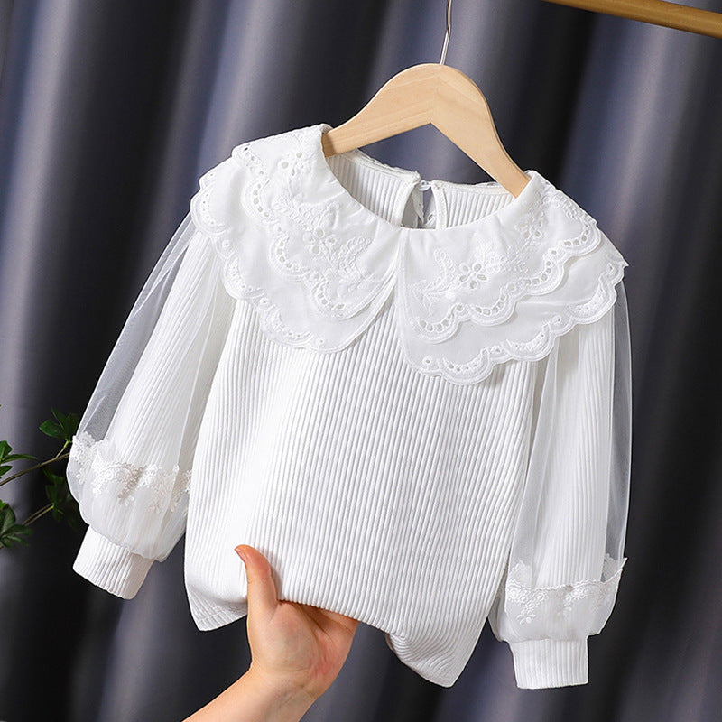 Long Sleeve Pure Cotton Lantern Mesh Sleeves Outer Wear Children's T-shirt