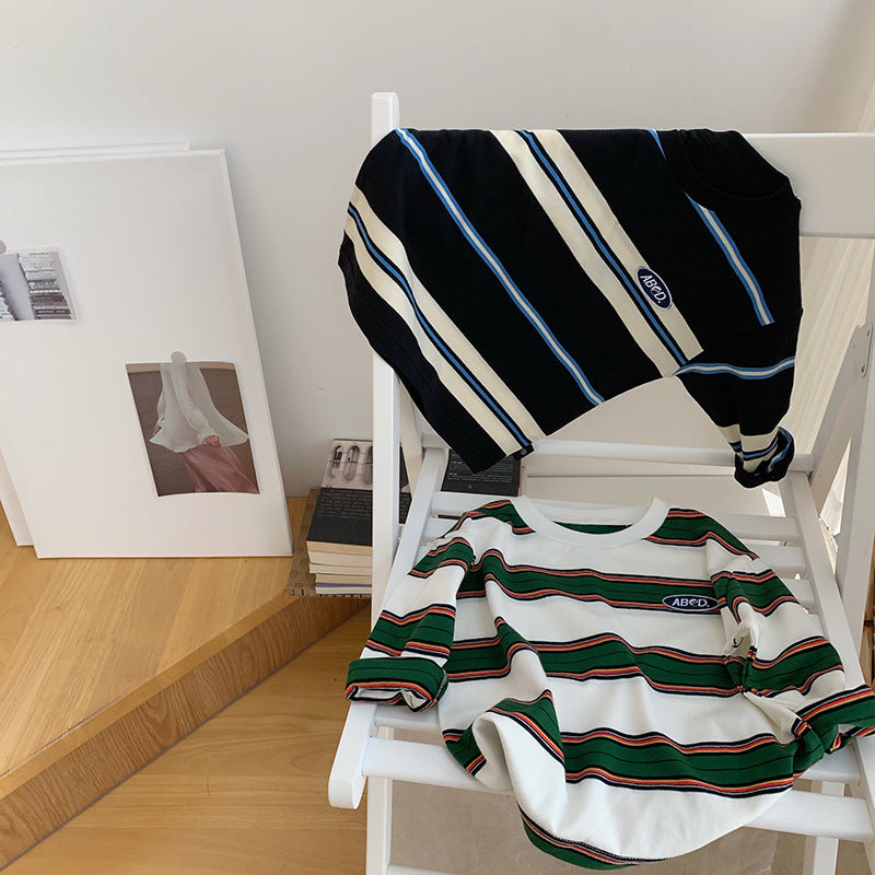 Children's Striped Contrast Color Fashionable T-shirt Long Sleeve Loose Casual Top Children's Shirt