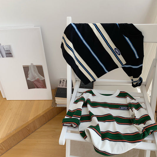 Children's Striped Contrast Color Fashionable T-shirt Long Sleeve Loose Casual Top Children's Shirt