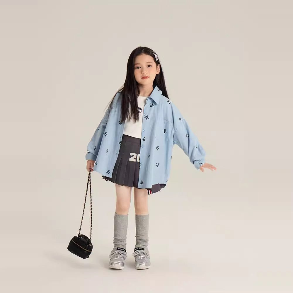 Children's Bow Printed Medium Large Korean Style Western Casual Children's Shirt