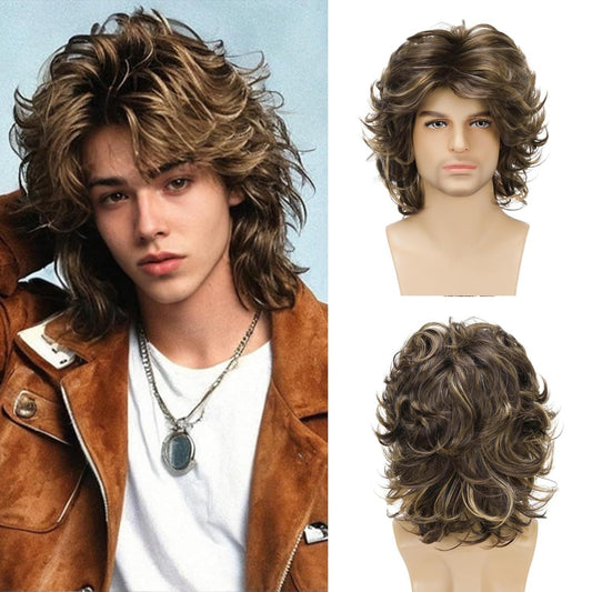 Men's Curly Hair Small Curls Brown Mixed Color Synthetic Men's Wig