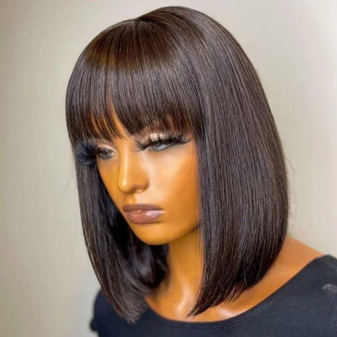 Real Human Mechanism Wave Head Cover Wig Short Straight Hair
