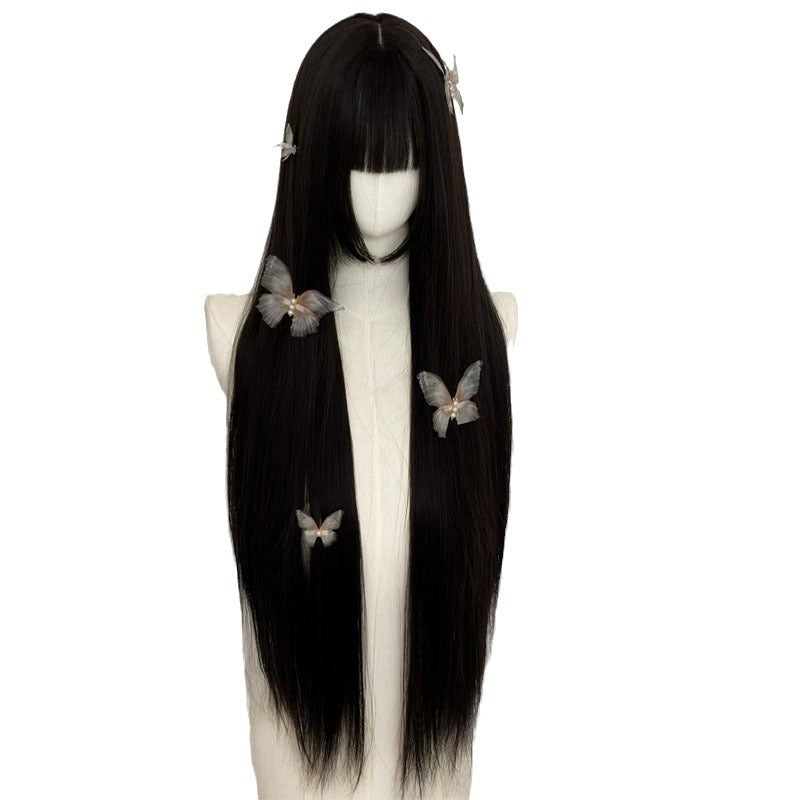 Female Natural Sideburns Bangs Hair Dark Brown Simulation Daily Lolita Long Straight Wig