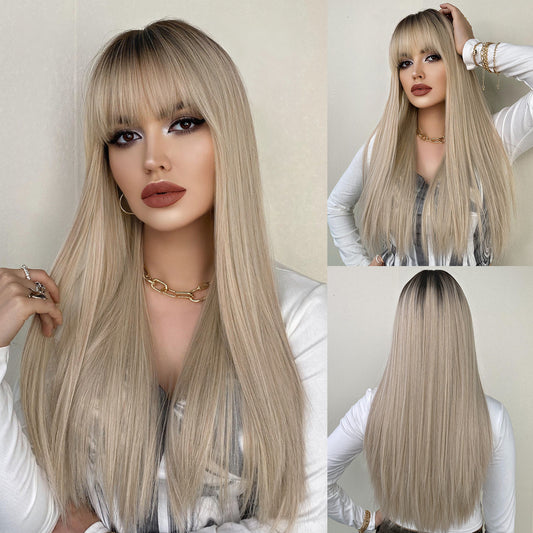 Bangs Female Hair Champagne Golden Chemical Long Straight Wig