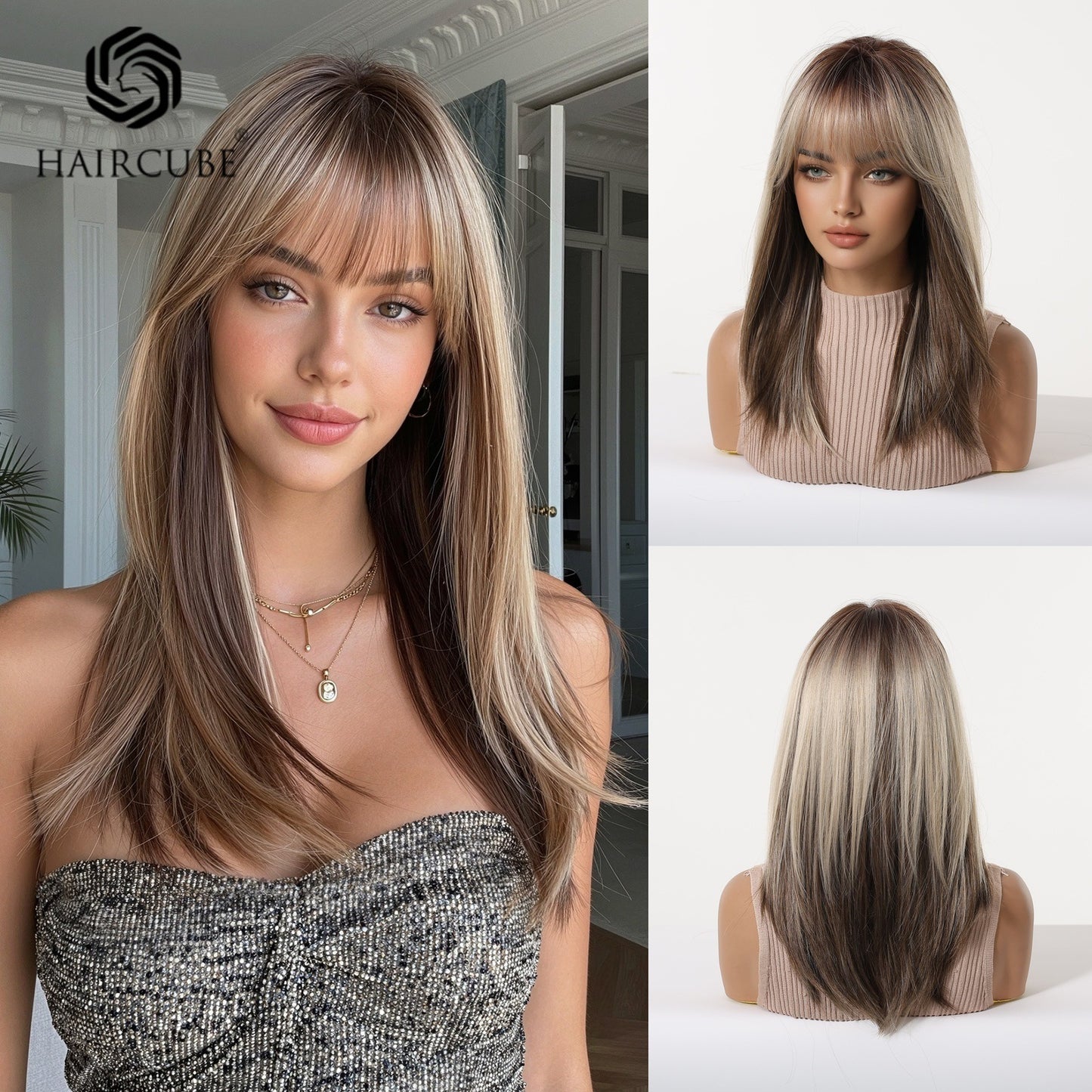Women's Color Mid-length Hair Bangs Mechanism Chemical Long Straight Wig