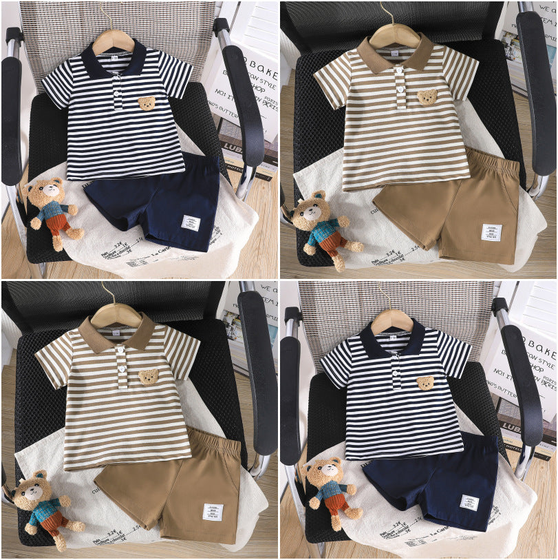 Summer Simple Fashion Boy Bear Zhang Zi Striped Polo Collar Children's Suit