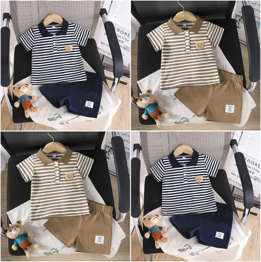 Summer Simple Fashion Boy Bear Zhang Zi Striped Polo Collar Children's Suit