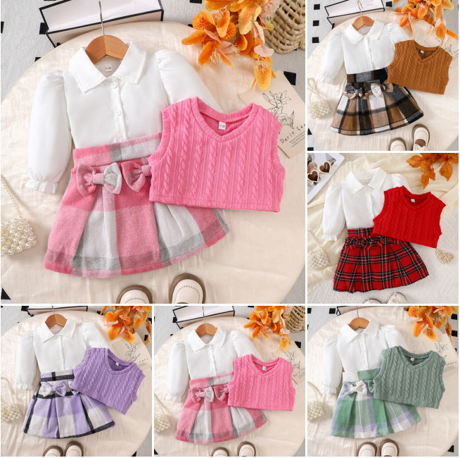 Autumn Preppy Style Long Sleeve Inner Fir Plus Sleeveless Sweater Children's Suit