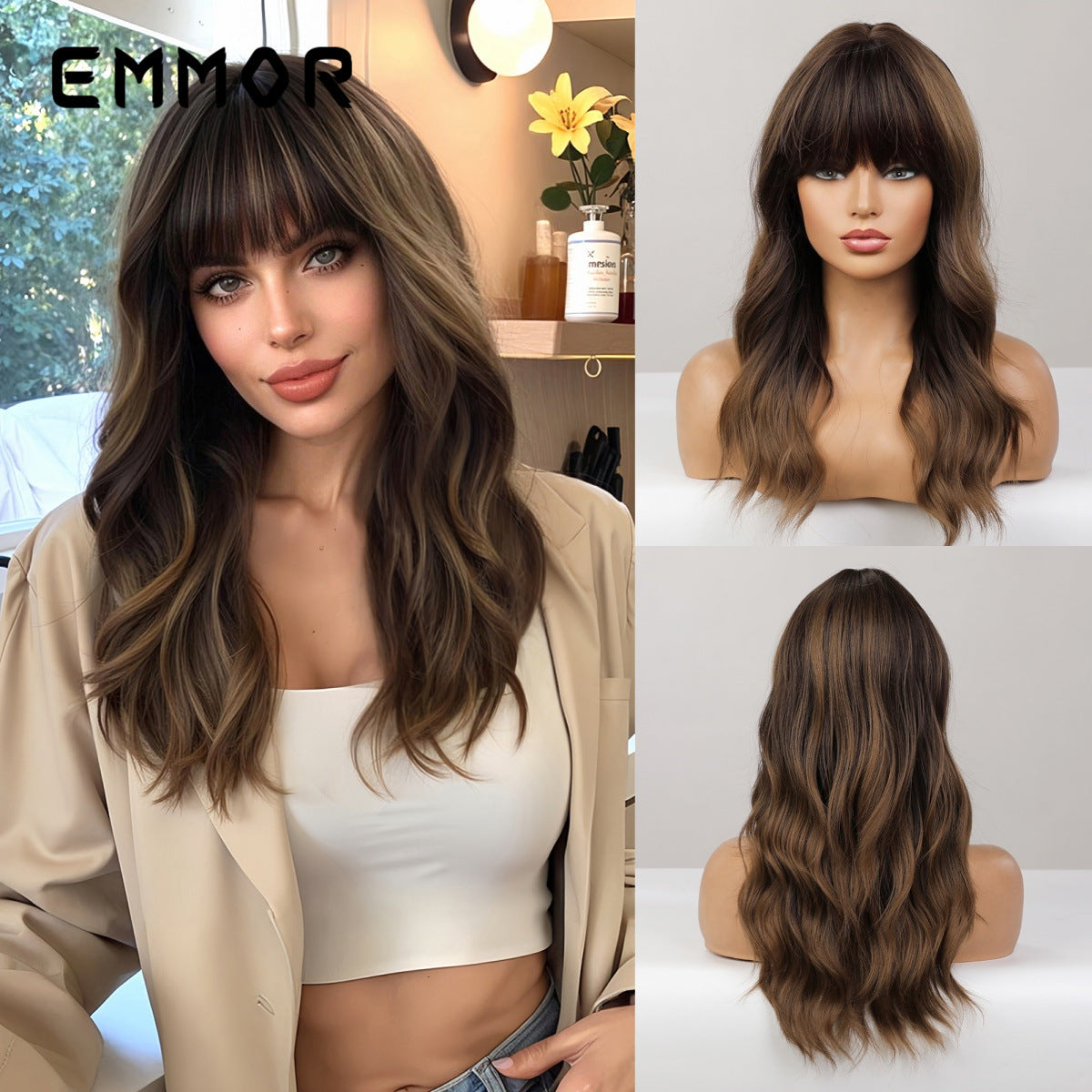 Chemical Fiber Fashion Highlights Brown Fringe Curly Wig Long Curls