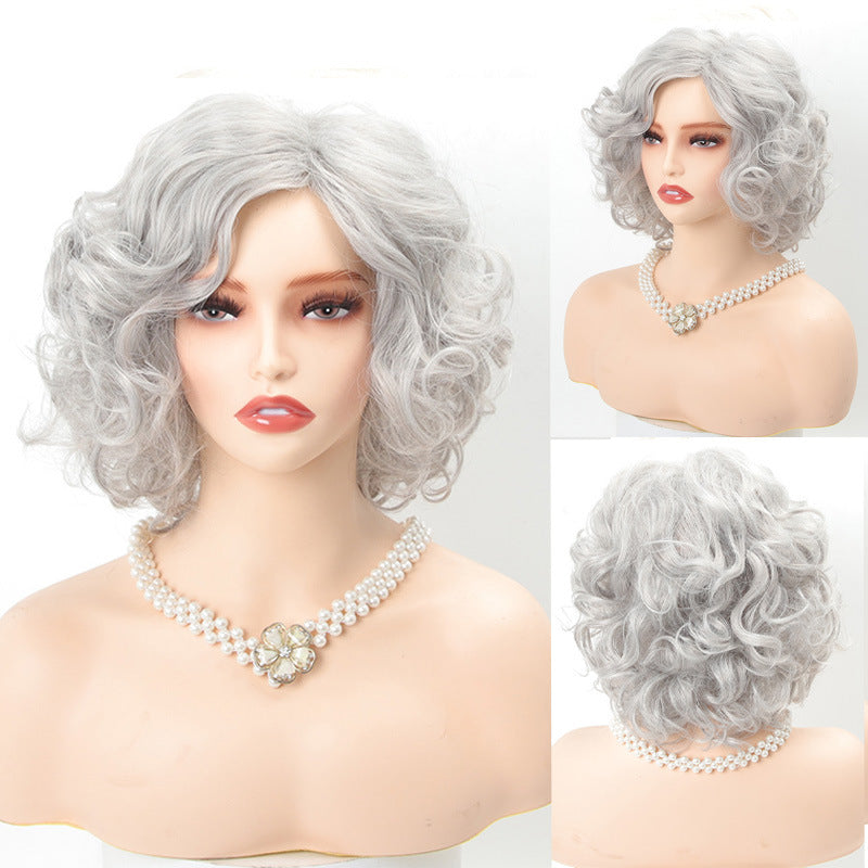 Women's Stage Performance Headgear Granny Grey Special Wig Short Curly Hair