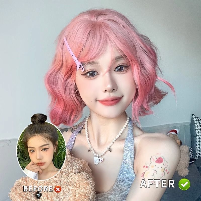 Female Small Cute Pink Water Ripple Daily Wig Long Curls