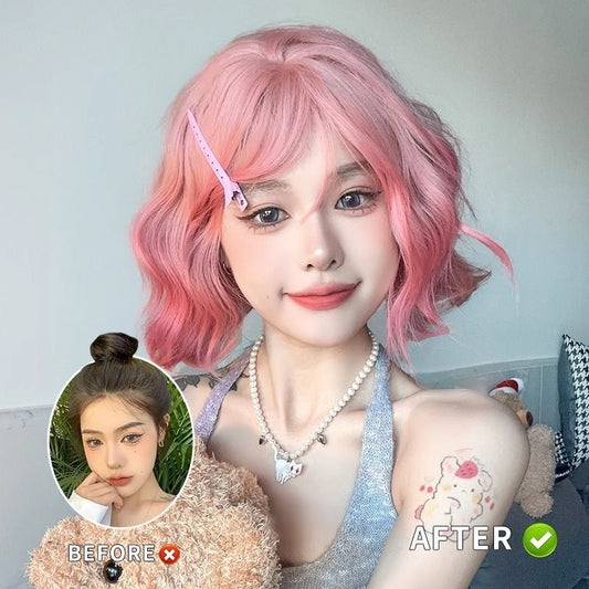 Female Small Cute Pink Water Ripple Daily Wig Long Curls