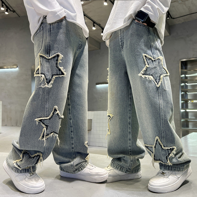 American Embroidered Patch Design Straight Loose Children's Pants