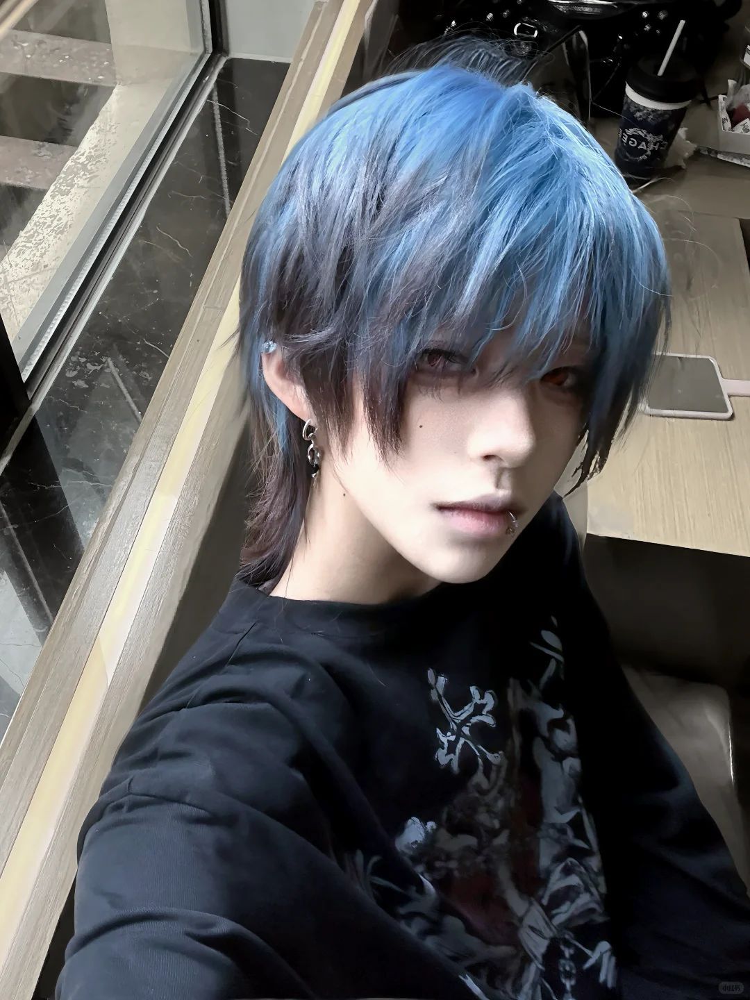 Black Blue Gradient Wolf Tail Short Hair Burst Top Dyed Men's Wig