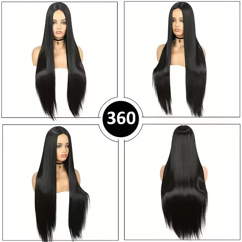 Women's Black Chemical Fiber Button Net African Medium Long Straight Wig