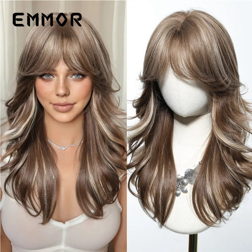 Retro Black Brown Dyed Curly Hair Asian Style Full Wig Long Curls