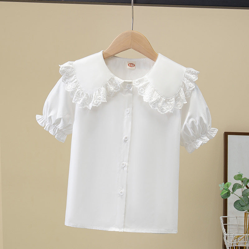 White Doll Collar Pure Cotton Long-sleeved Lace Lapel Princess Children's Shirt