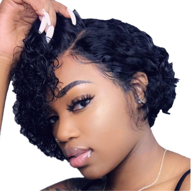 Women's Small Head Black Chemical Fiber Wrapped Wig Short Curly Hair