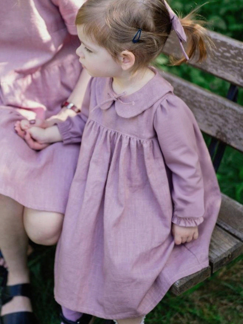 Women's & Children's Linen Doll Collar Comfortable Breathable Back Single-breasted Short Children's Dress