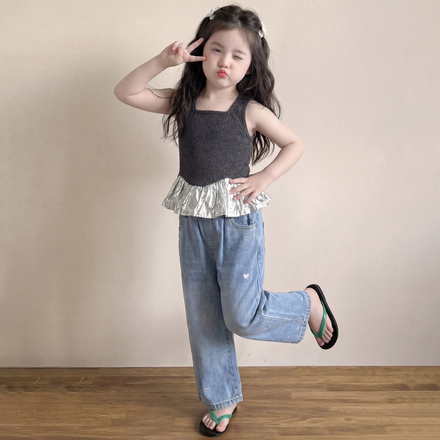 Summer Thin Jeans Embroidered Heart Rhinestone Children's Pants