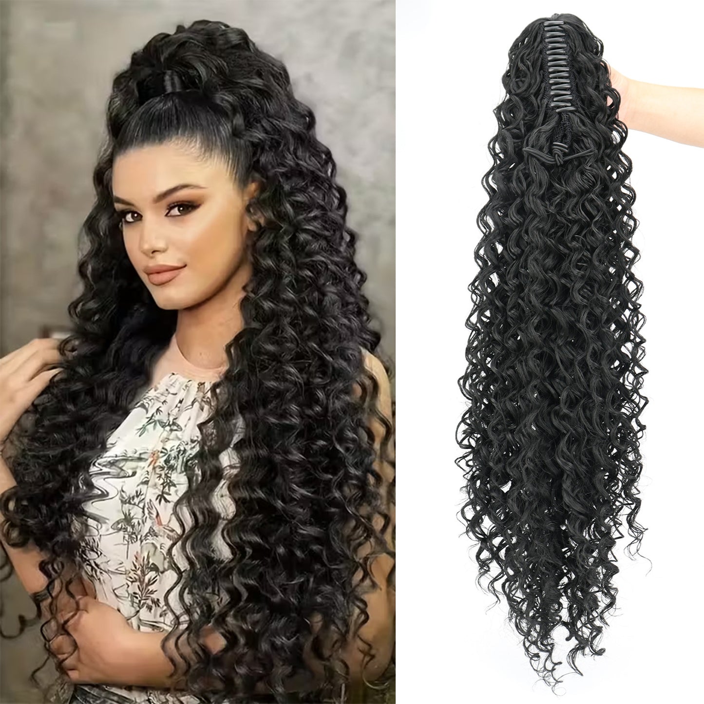 Women's Long African Curly Hair Grip Black Wig Ponytail