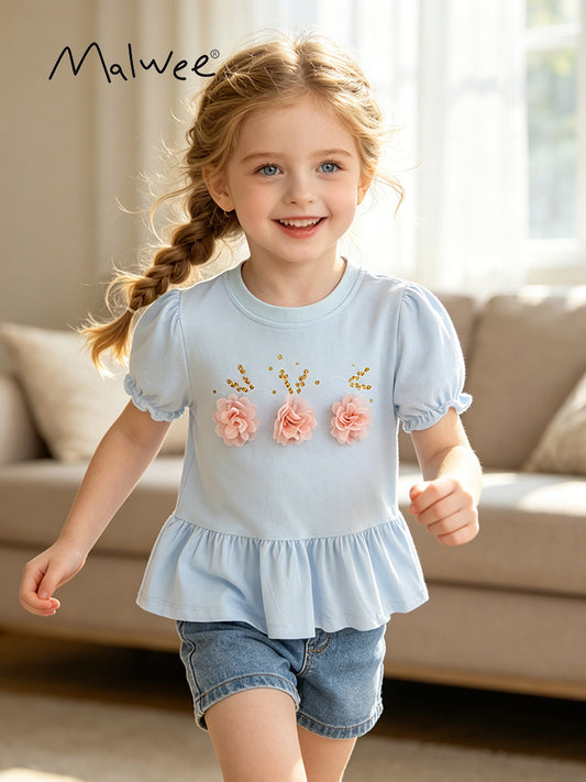 Summer Flower Cotton Short Sleeve Round Children's T-shirt