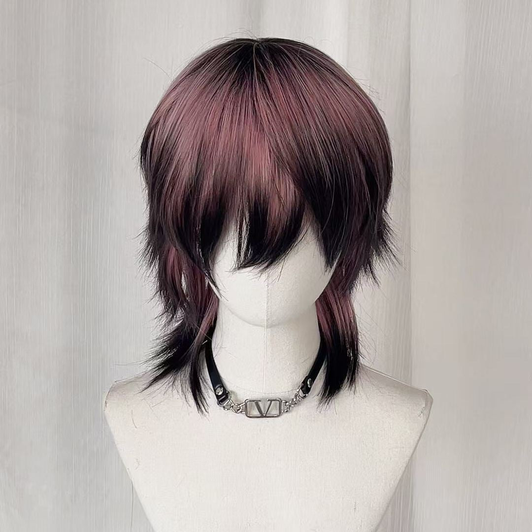 Siam Wolf Tail Pink Gradient Artificial Anchovy Head Subculture Wig Short Straight Hair