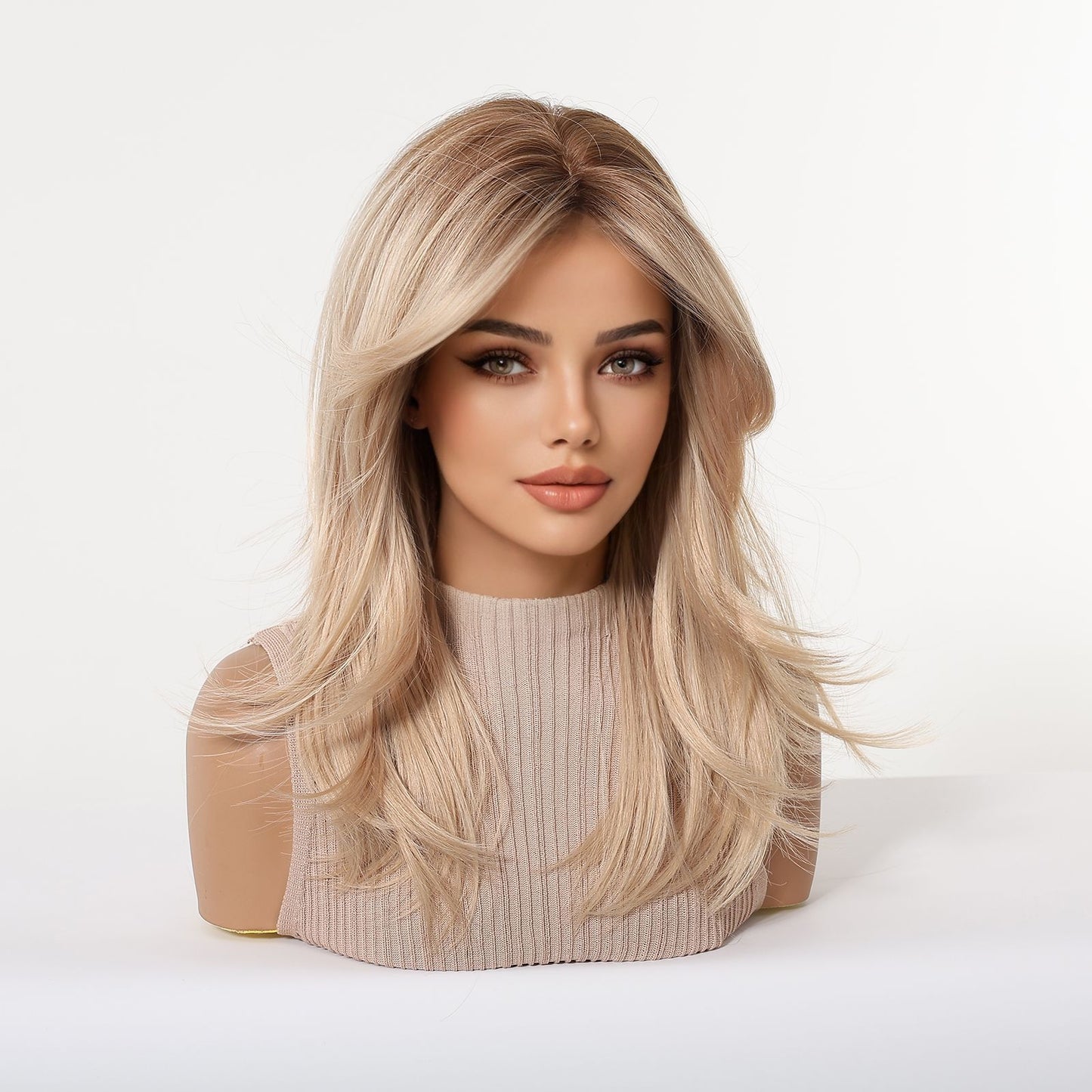 Bangs Gradient Light Golden Brown Chemical Fiber Long Straight Wig