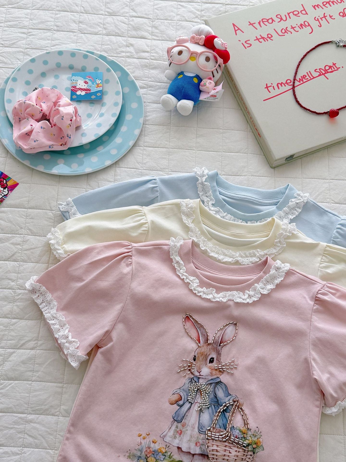 Summer Ice Cotton Knitted Lace Collar Cartoon Printed Puff Children's T-shirt