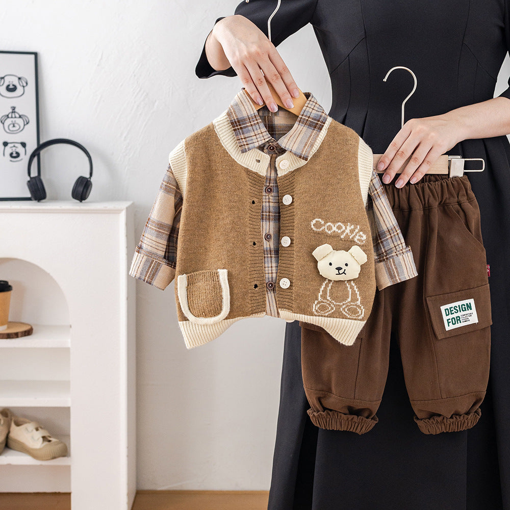 Children's Boys Autumn Clothing Western Style Cardigan Sweater Vest Three-piece Children's Suit