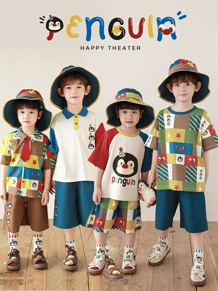 Short Sleeve T-shirt Blouse Loose-fitting Overalls Penguin Series Suit Children's Shirt