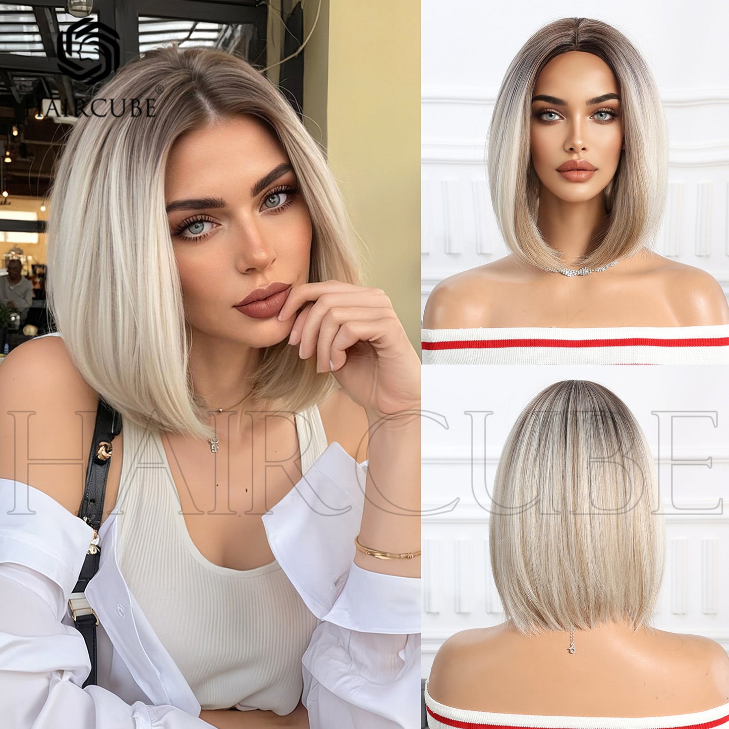 Head Cover Golden Dyed Bangs Summer Wig Short Straight Hair