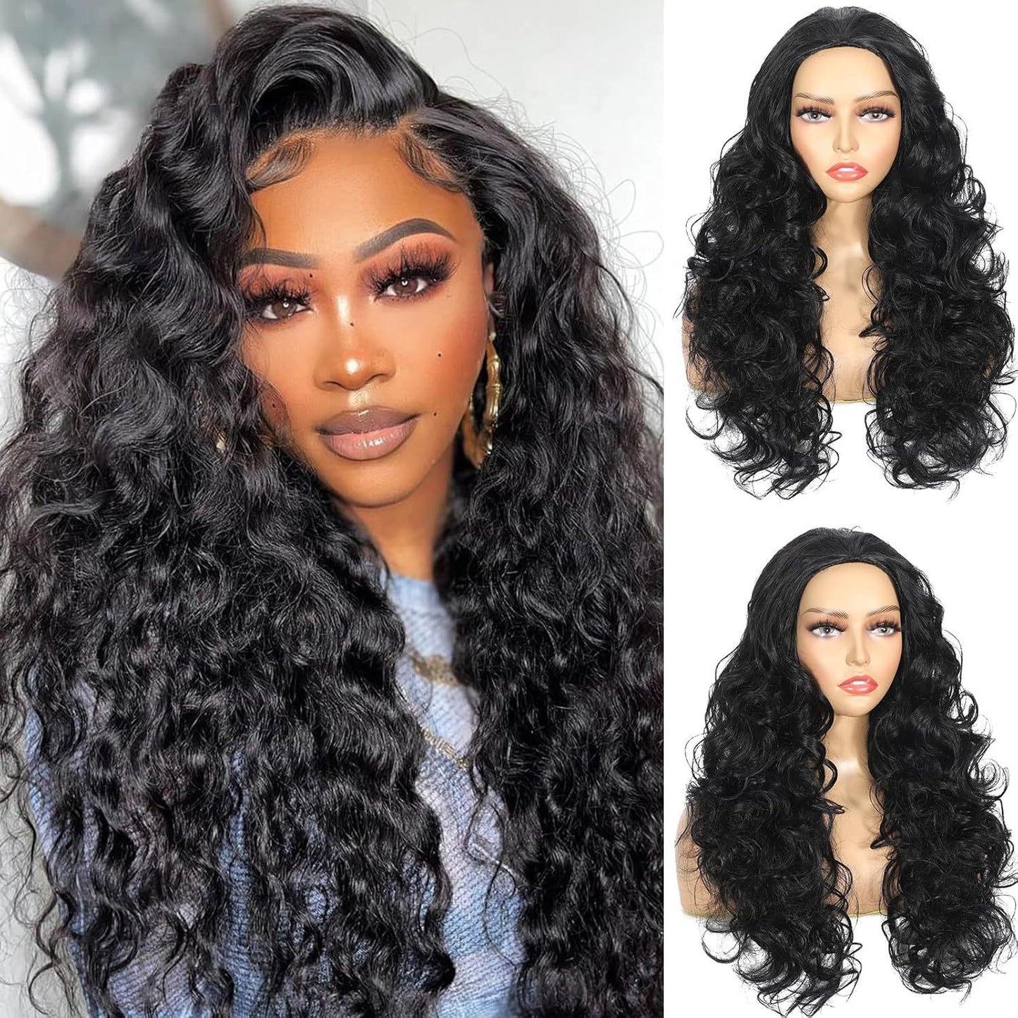 Women's Black Hair Three-in-one Synthetic Wigs Long Straight Wig